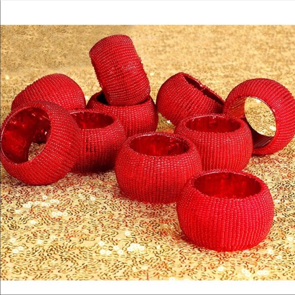 Set of 10 Bombay Shimmering Red Beaded Napkin Rings 2” x 1.5” - Picture 4 of 4